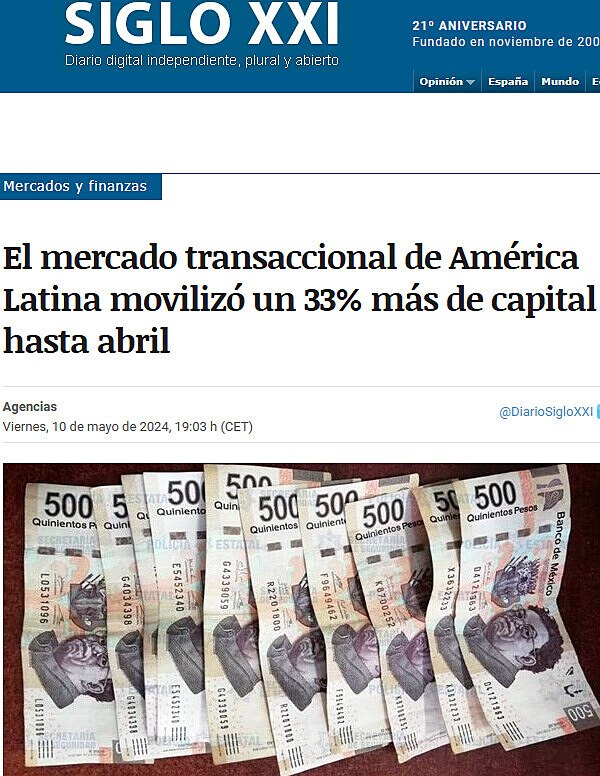 El mercado transaccional de Amrica Latina moviliz un 33% ms de capital hasta abril